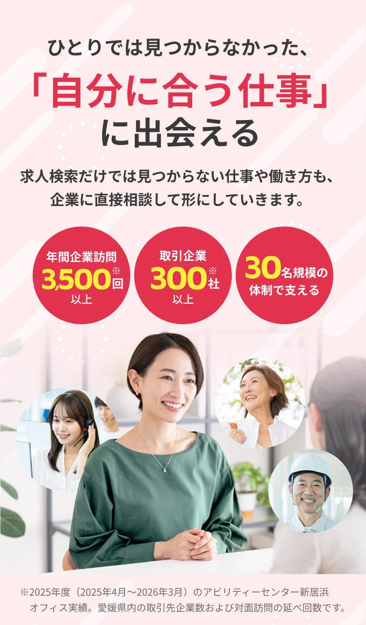 ひとりでは見つからなかった、「自分に合う仕事」に出会える 求人検索だけでは見つからない仕事や働き方も、企業に直接相談して形にしていきます。 年間企業訪問3,500回以上 取引企業300社以上 30名規模の体制で支える