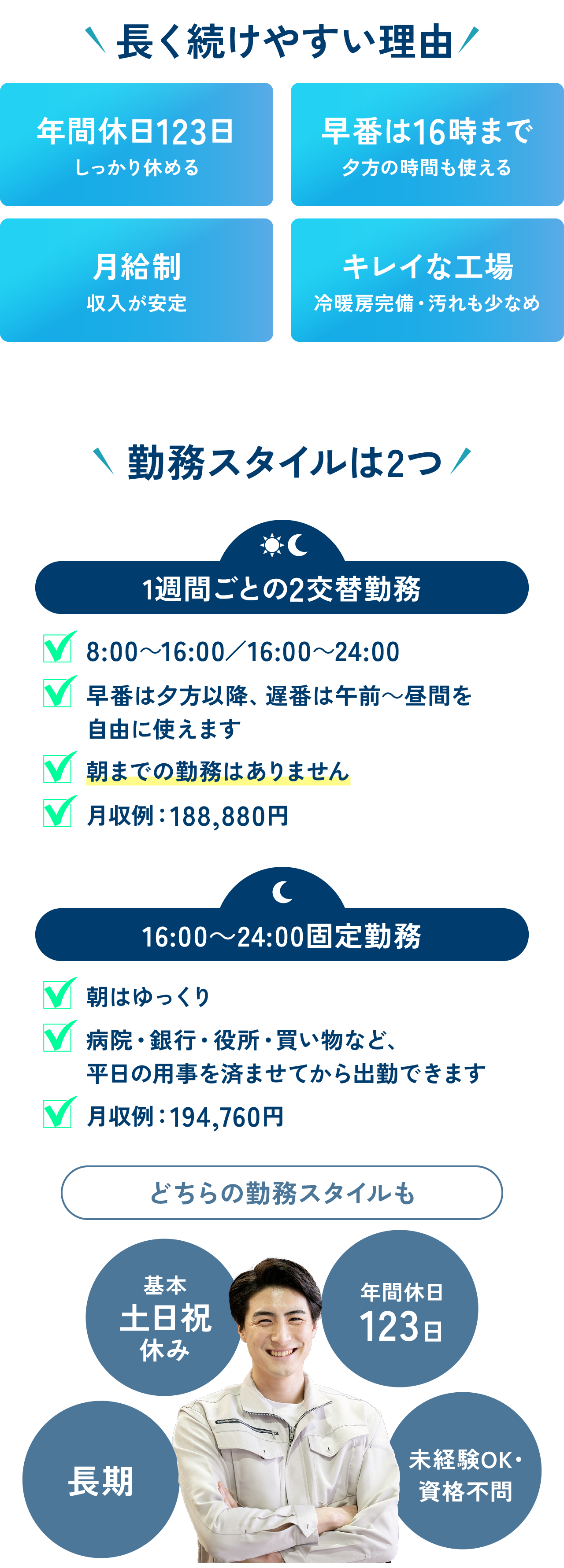 長く続けやすい4つの理由・働きやすい2つの勤務スタイル