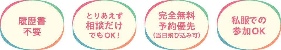 履歴書不要・とりあえず相談だけでもOK!・完全無料 予約優先（当日飛び込み可）・私服で参加OK